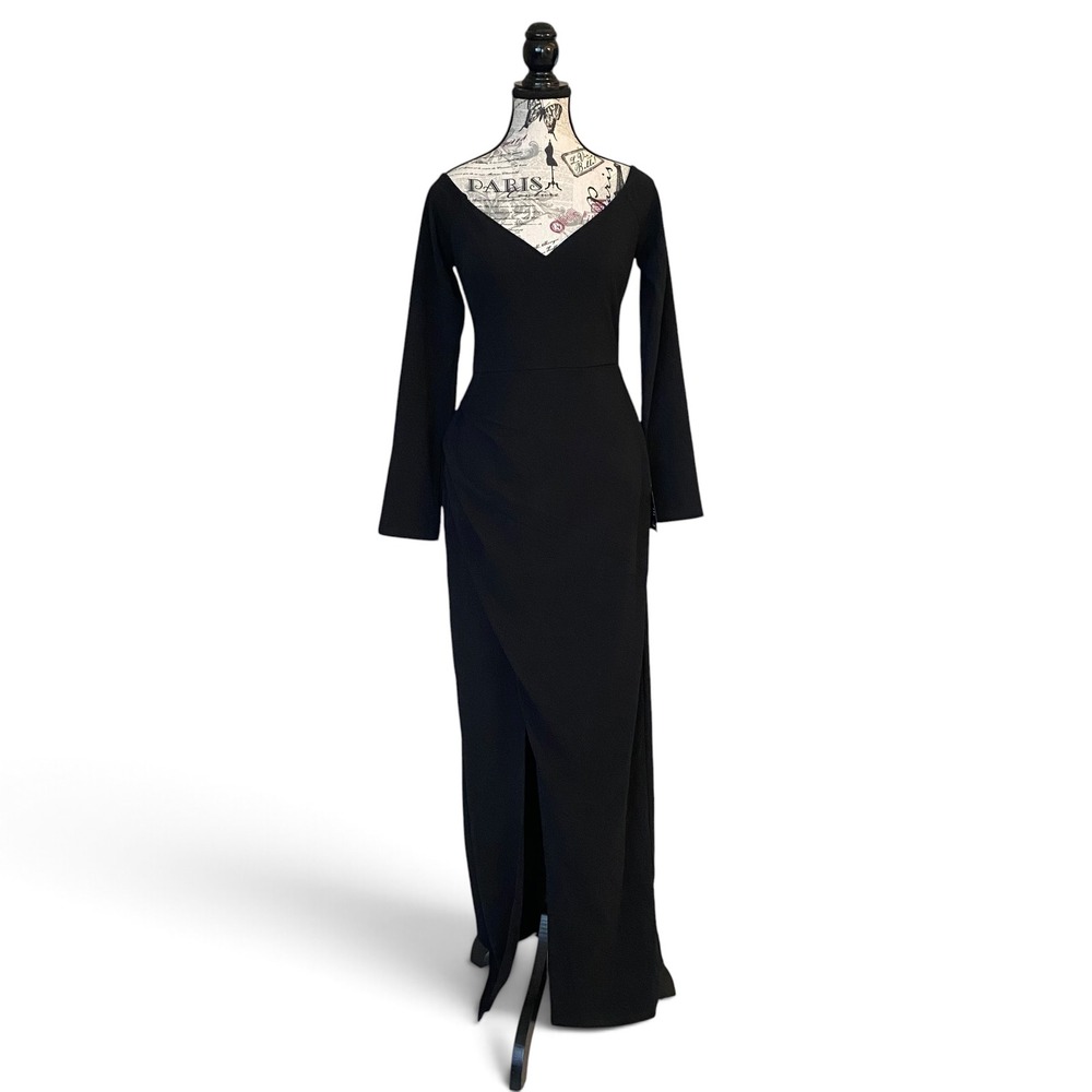 Lulus Maxi Dress Womens L Black Off Shoulder Long Sleeve V-Neck Formal Black Tie